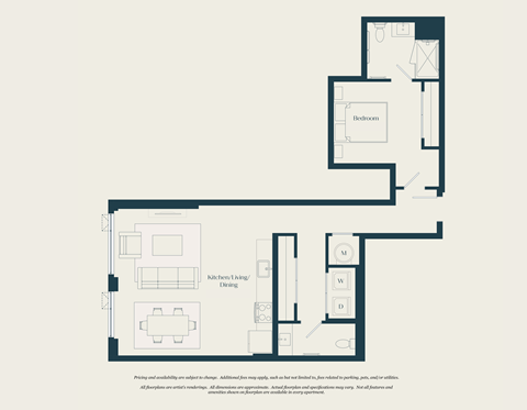 Floor plan for 1 bed, 1.5 baths, 880 sqft
